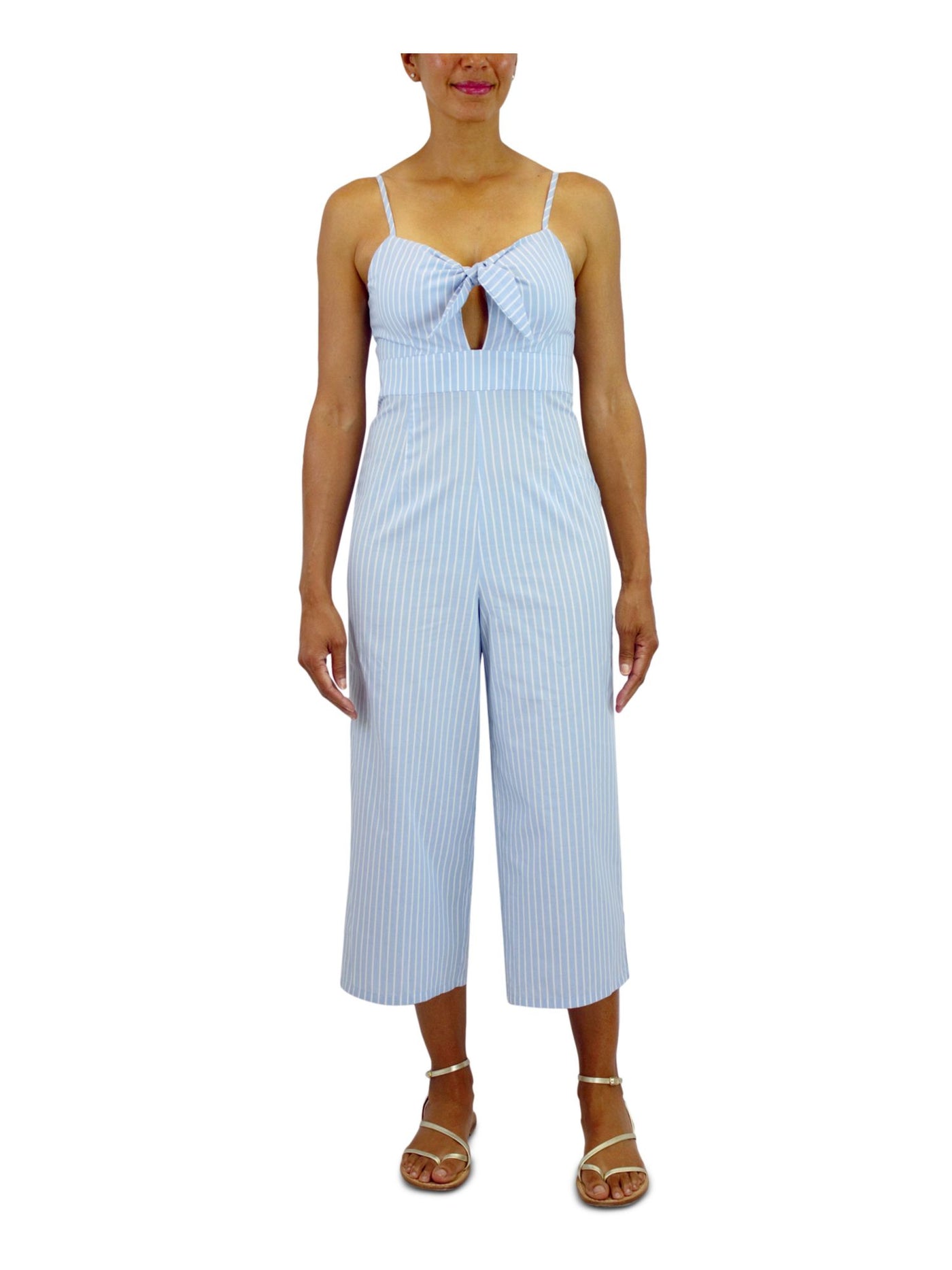 CRYSTAL DOLLS Womens Light Blue Zippered Cut Out Striped Sleeveless Sweetheart Neckline Cropped Jumpsuit Juniors 3