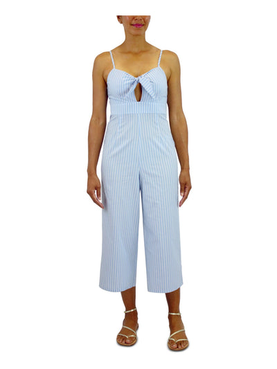 CRYSTAL DOLLS Womens Light Blue Zippered Cut Out Striped Sleeveless Sweetheart Neckline Cropped Jumpsuit Juniors 3