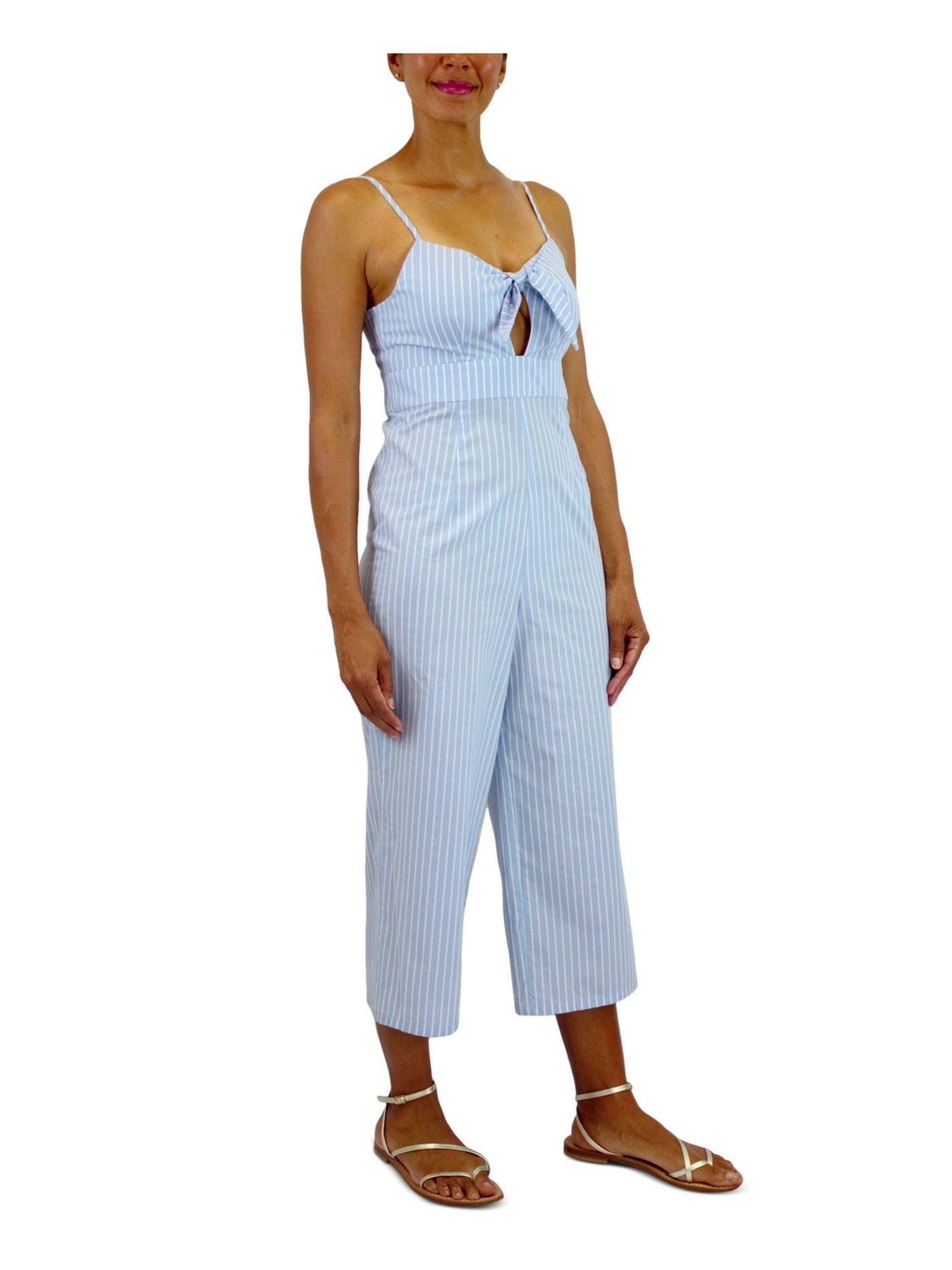 CRYSTAL DOLLS Womens Light Blue Zippered Cut Out Striped Sleeveless Sweetheart Neckline Cropped Jumpsuit Juniors 5