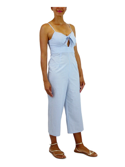 CRYSTAL DOLLS Womens Light Blue Zippered Cut Out Striped Sleeveless Sweetheart Neckline Cropped Jumpsuit Juniors 5