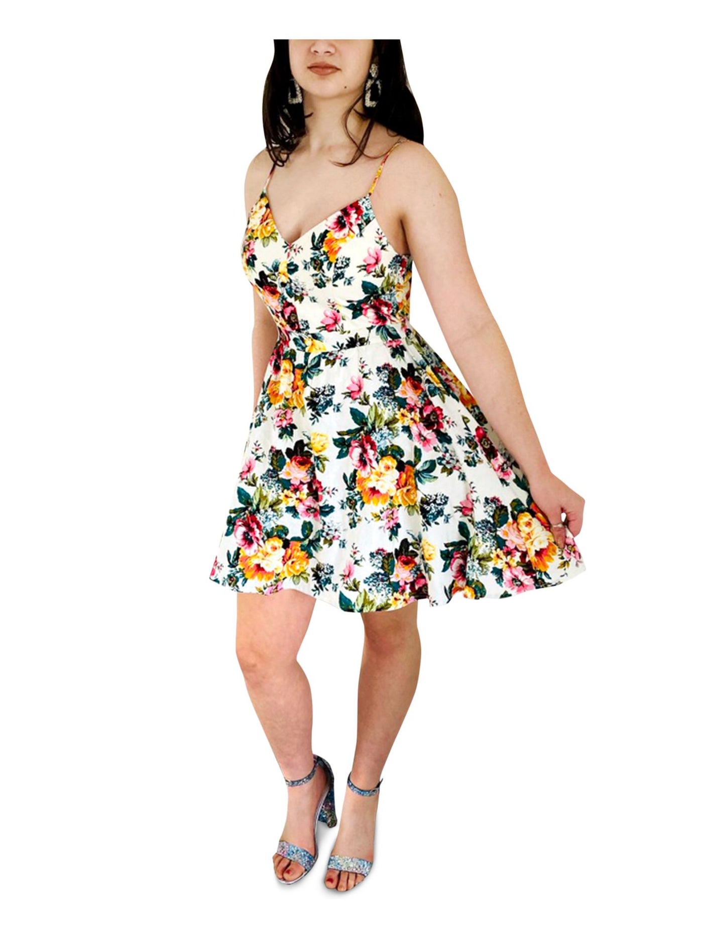 EMERALD SUNDAE Womens White Zippered Fitted Floral Spaghetti Strap V Neck Above The Knee Party Fit + Flare Dress Juniors 11
