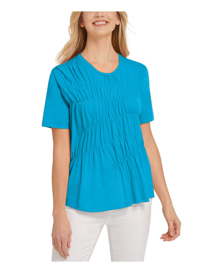 DKNY Womens Blue Ruched Short Sleeve Crew Neck Top L