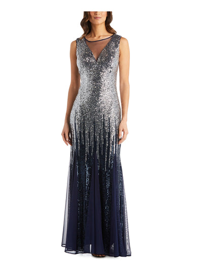 R&M RICHARDS Womens Navy Stretch Sequined Zippered Sheer Insets Lined Ombre Sleeveless Illusion Neckline Full-Length Formal Mermaid Dress Petites 10P