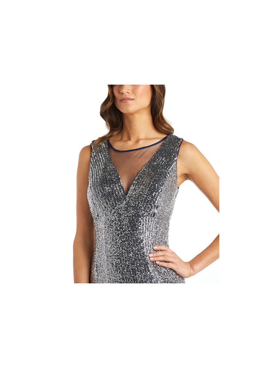 R&M RICHARDS Womens Navy Stretch Sequined Zippered Sheer Insets Lined Ombre Sleeveless Illusion Neckline Full-Length Formal Mermaid Dress Petites 10P