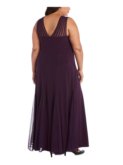 R&M RICHARDS WOMAN Womens Purple Stretch Zippered Pleated Strappy Mesh-inset Sleeveless V Neck Full-Length Formal Gown Dress Plus 18W