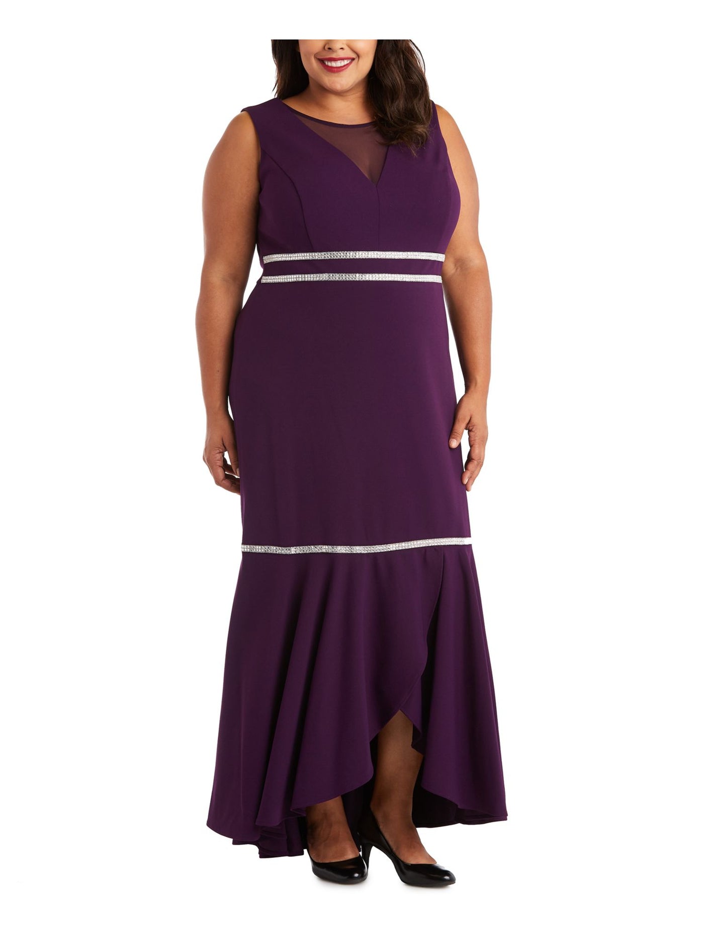 R&M RICHARDS Womens Purple Stretch Embellished Zippered Illusion Insert Ruffled Tulip He Sleeveless Round Neck Full-Length Evening Gown Dress Plus 20W
