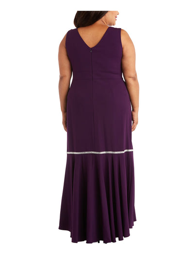 R&M RICHARDS Womens Purple Stretch Embellished Zippered Illusion Insert Ruffled Tulip He Sleeveless Round Neck Full-Length Evening Gown Dress Plus 20W