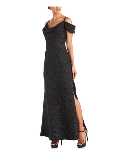 NIGHTWAY Womens Black Cold Shoulder Glitter Short Sleeve Cowl Neck Full-Length Evening Shift Dress 10