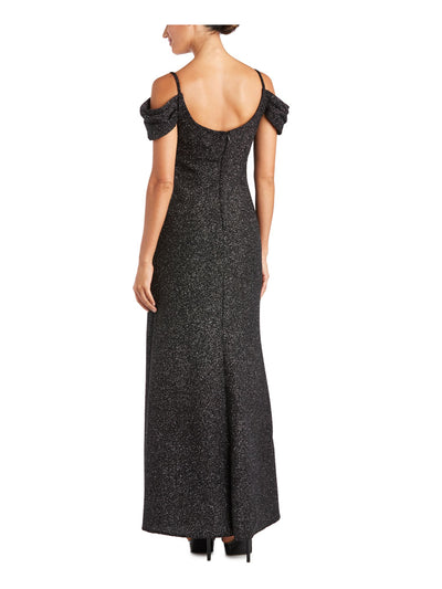 NIGHTWAY Womens Black Cold Shoulder Glitter Short Sleeve Cowl Neck Full-Length Evening Shift Dress 10