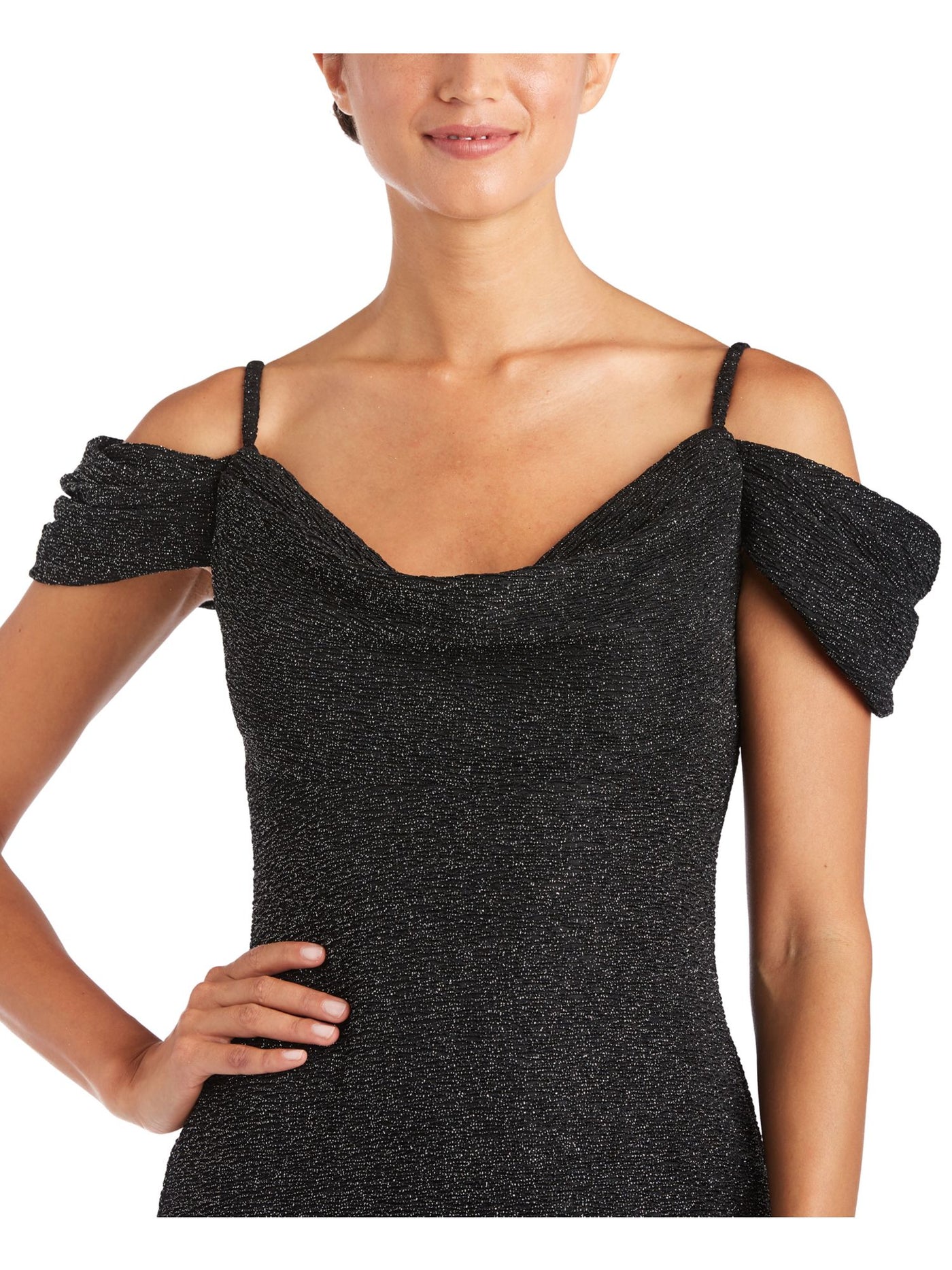 NIGHTWAY Womens Black Cold Shoulder Glitter Short Sleeve Cowl Neck Full-Length Evening Shift Dress 4
