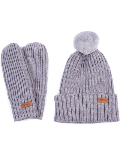 BARBOUR Womens Gray Heather Fitted Pom Pom Mittens Included Ribbed Whitlaw Beanie Hat Cap