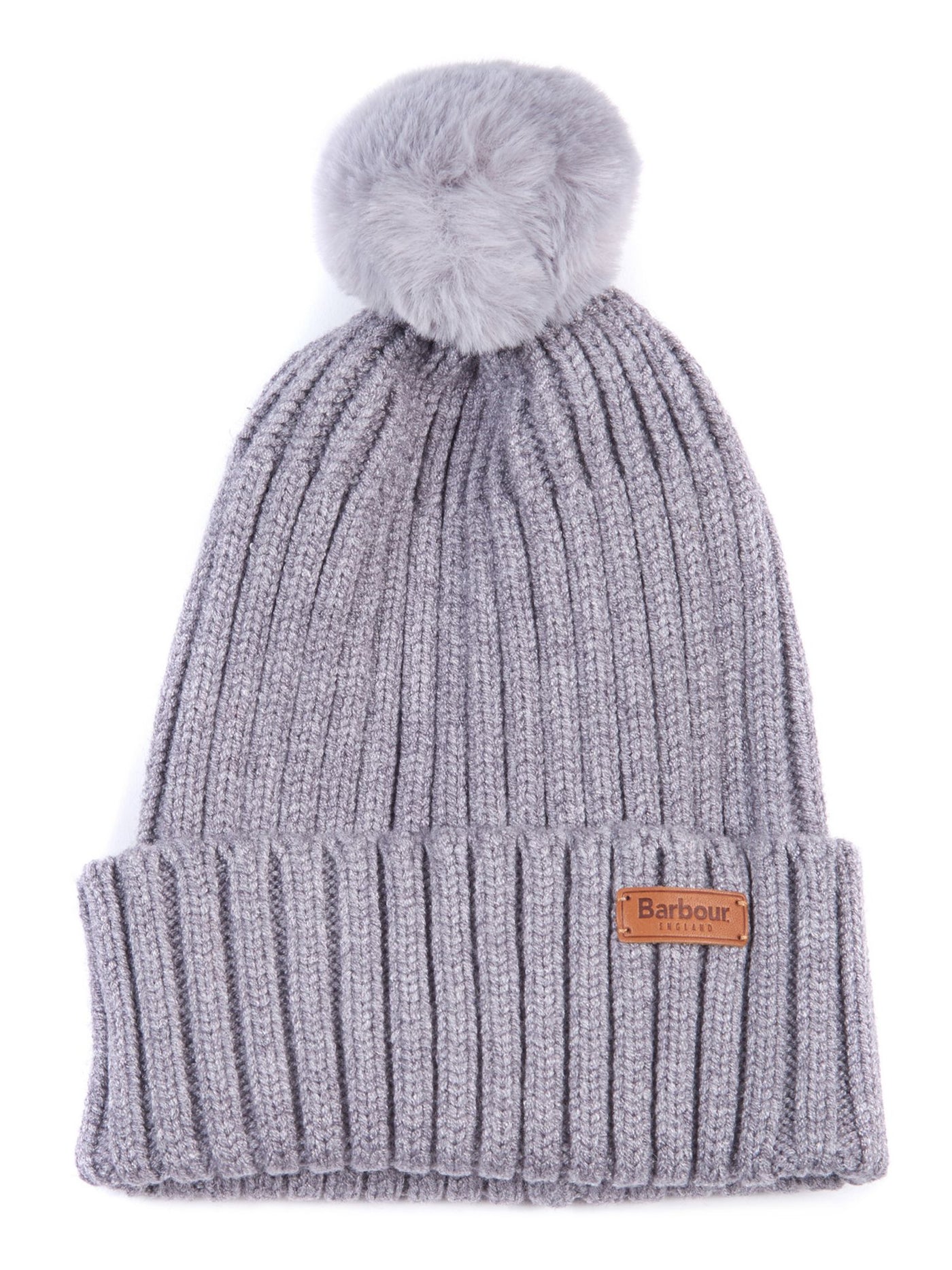 BARBOUR Womens Gray Heather Fitted Pom Pom Mittens Included Ribbed Whitlaw Beanie Hat Cap