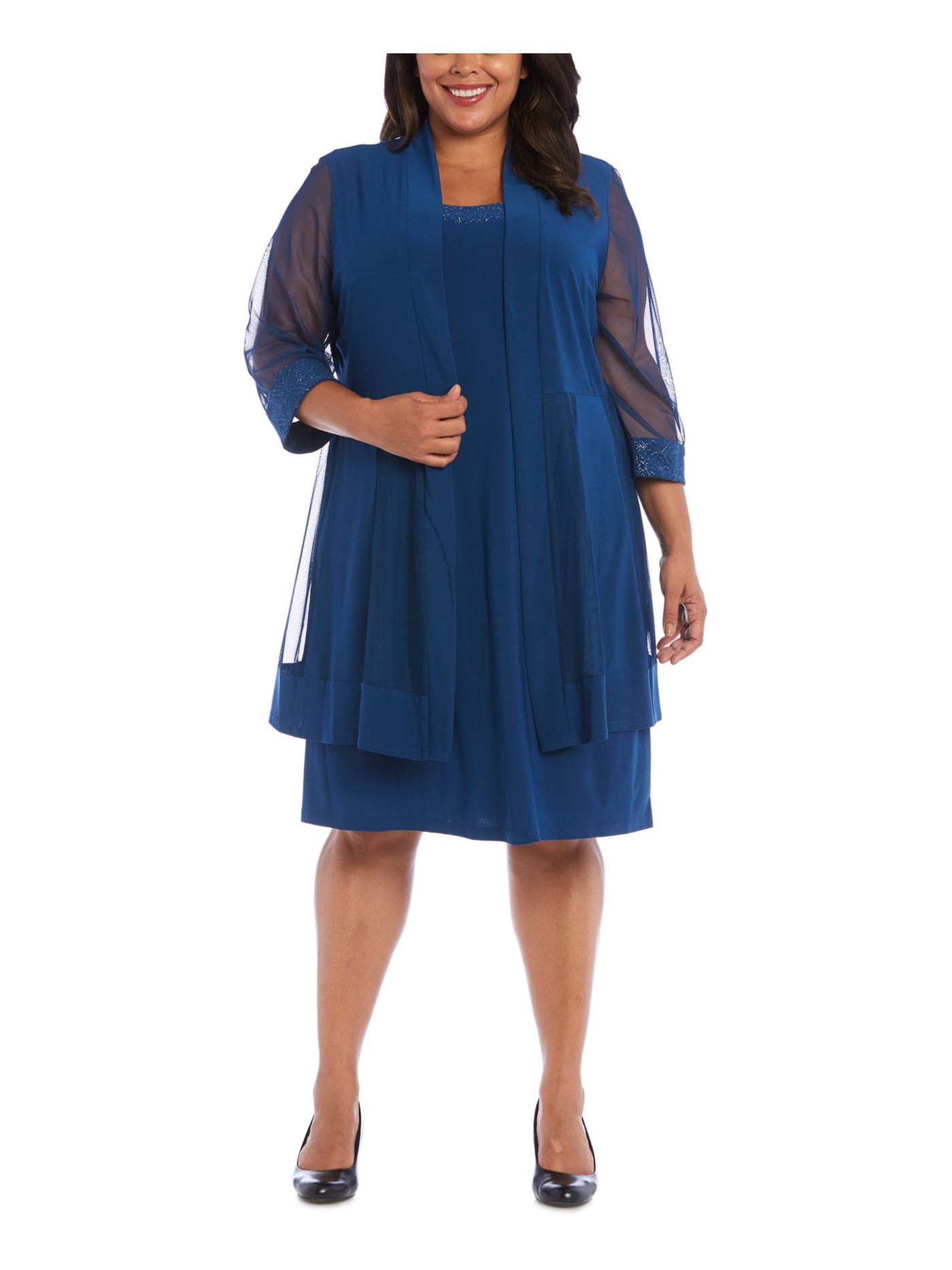 R&M RICHARDS WOMAN Womens Teal Stretch Embellished Sheer With Open Front Mesh Jacket Sleeveless Scoop Neck Above The Knee Evening Shift Dress Plus 2X