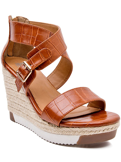 JANE AND THE SHOE Womens Brown Crocodile 1" Platform Buckle Accent Strappy Irma Round Toe Wedge Zip-Up Espadrille Shoes 8.5