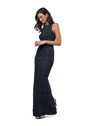 JS COLLECTION Womens Navy Stretch Embroidered Zippered Sleeveless Crew Neck Full-Length Formal Gown Dress 14
