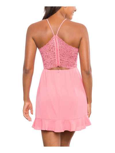 B DARLIN Womens Pink Zippered Cut Out Lace Spaghetti Strap Halter Short Evening Fit + Flare Dress Juniors 15\16