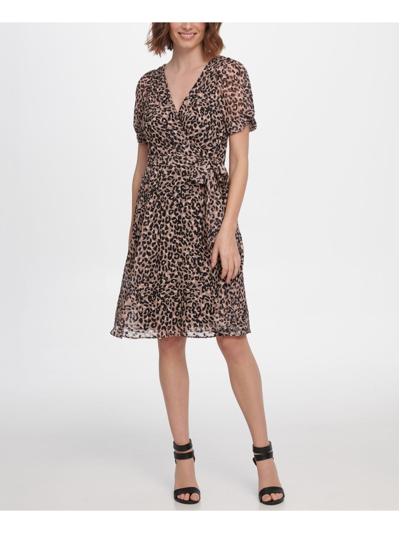 DKNY Womens Brown Animal Print Short Sleeve V Neck Knee Length Faux Wrap Dress 2