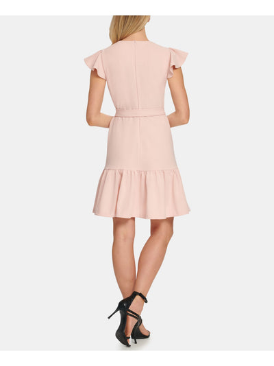 DKNY Womens Pink Ruffled Side Bow Flutter Below The Knee Formal Dress 10