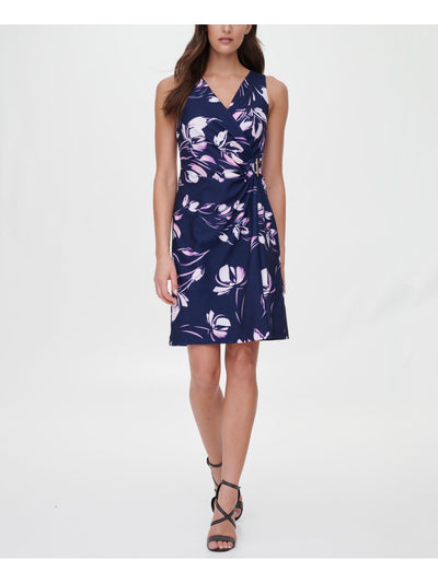 DKNY Womens Blue Floral Sleeveless V Neck Short Wear To Work Faux Wrap Dress 14