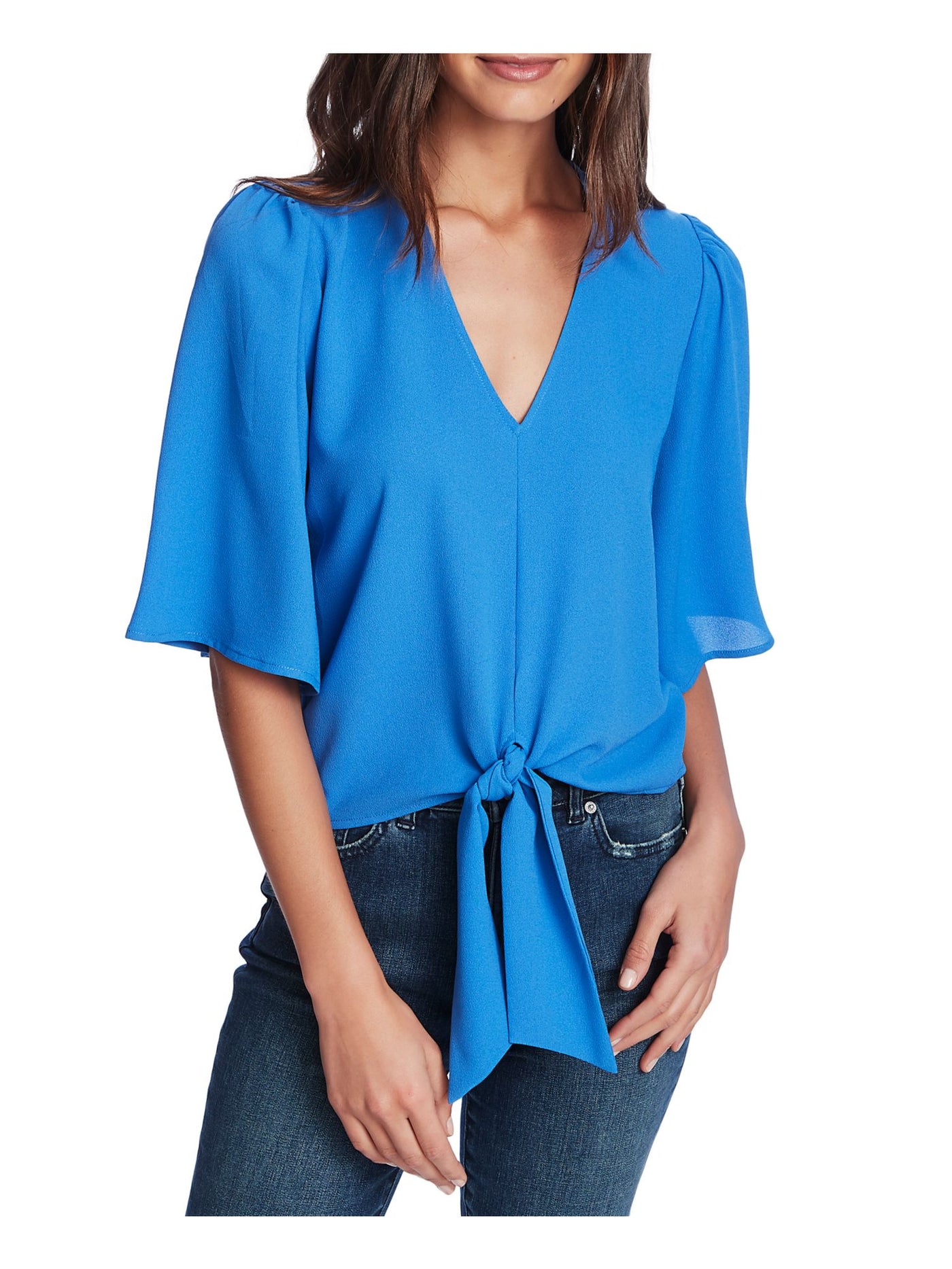 1. STATE Womens Blue Tie Sheer Bell Sleeve V Neck Top XS