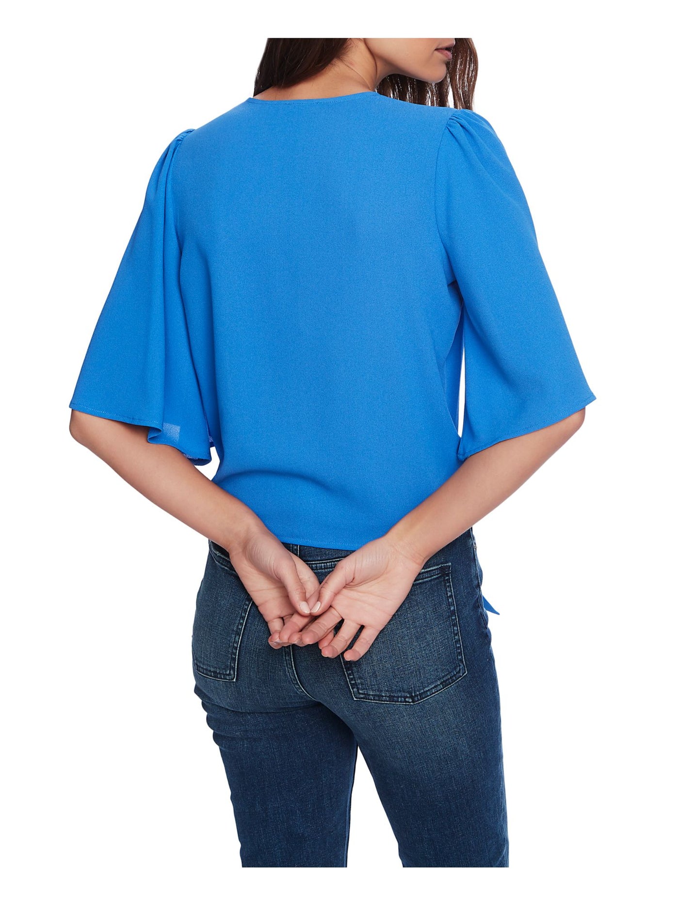 1. STATE Womens Blue Tie Sheer Bell Sleeve V Neck Top XS