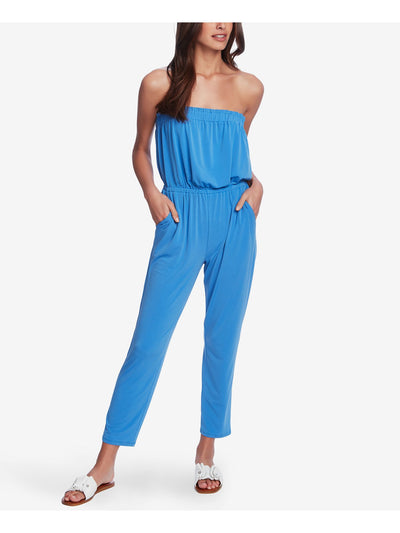 1. STATE Womens Blue Stretch Pocketed Ruffled Cinched-waist Sleeveless Strapless Straight leg Jumpsuit XS