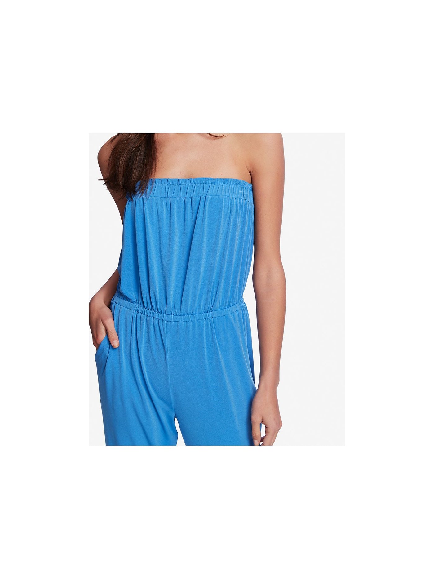 1. STATE Womens Blue Stretch Pocketed Ruffled Cinched-waist Sleeveless Strapless Straight leg Jumpsuit XS