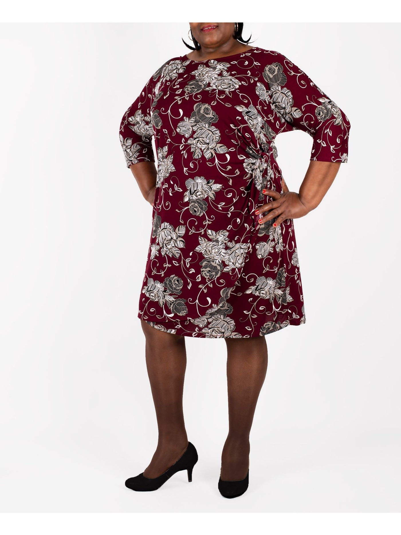 SIGNATURE BY ROBBIE BEE Womens Burgundy Floral 3/4 Sleeve Scoop Neck Knee Length Wear To Work Faux Wrap Dress Plus 1X