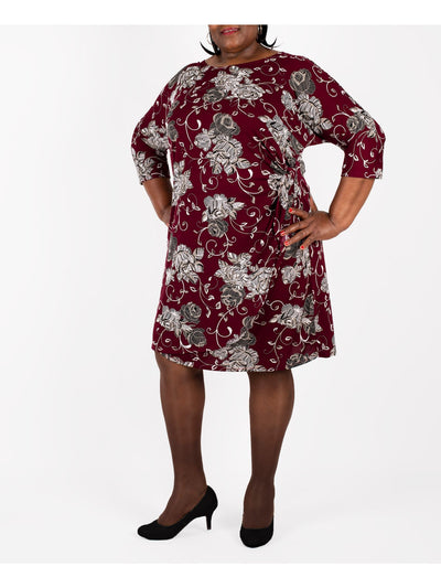 SIGNATURE BY ROBBIE BEE Womens Burgundy Floral 3/4 Sleeve Scoop Neck Knee Length Wear To Work Faux Wrap Dress Plus 2X