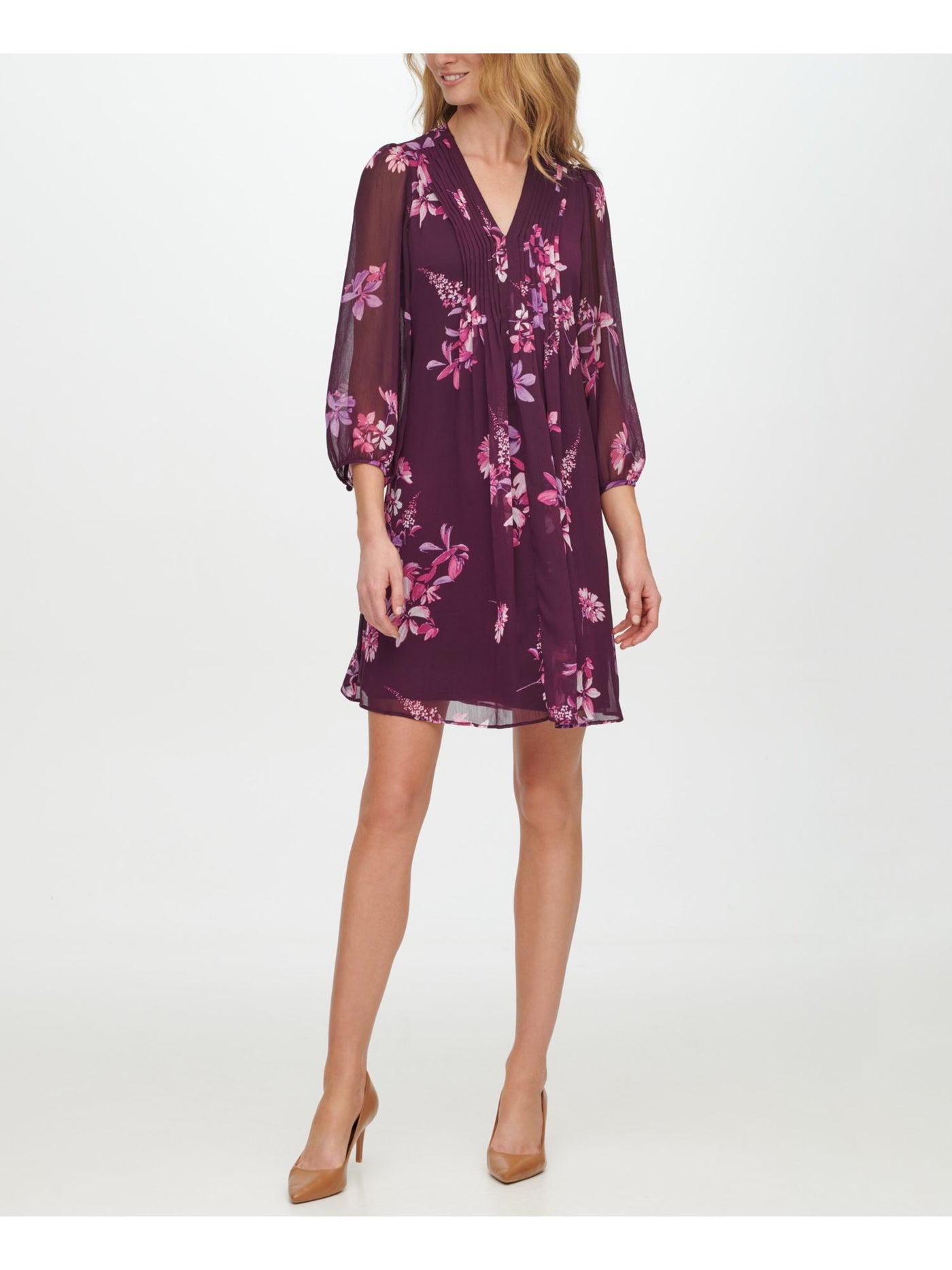 CALVIN KLEIN Womens Purple Pleated Sheer Sleeve Floral Long Sleeve V Neck Above The Knee Shift Dress 6