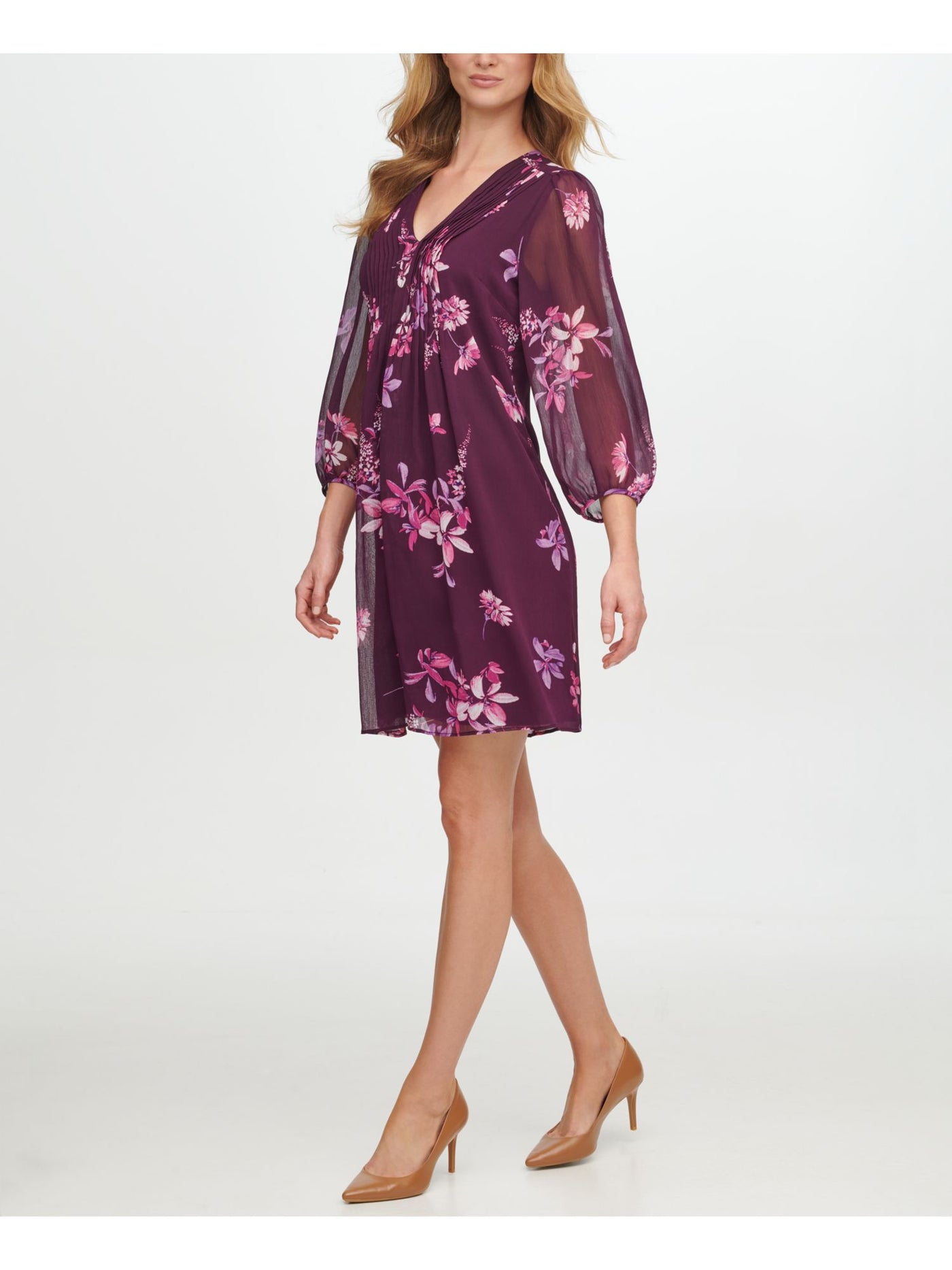 CALVIN KLEIN Womens Purple Pleated Sheer Sleeve Floral Long Sleeve V Neck Above The Knee Shift Dress 6