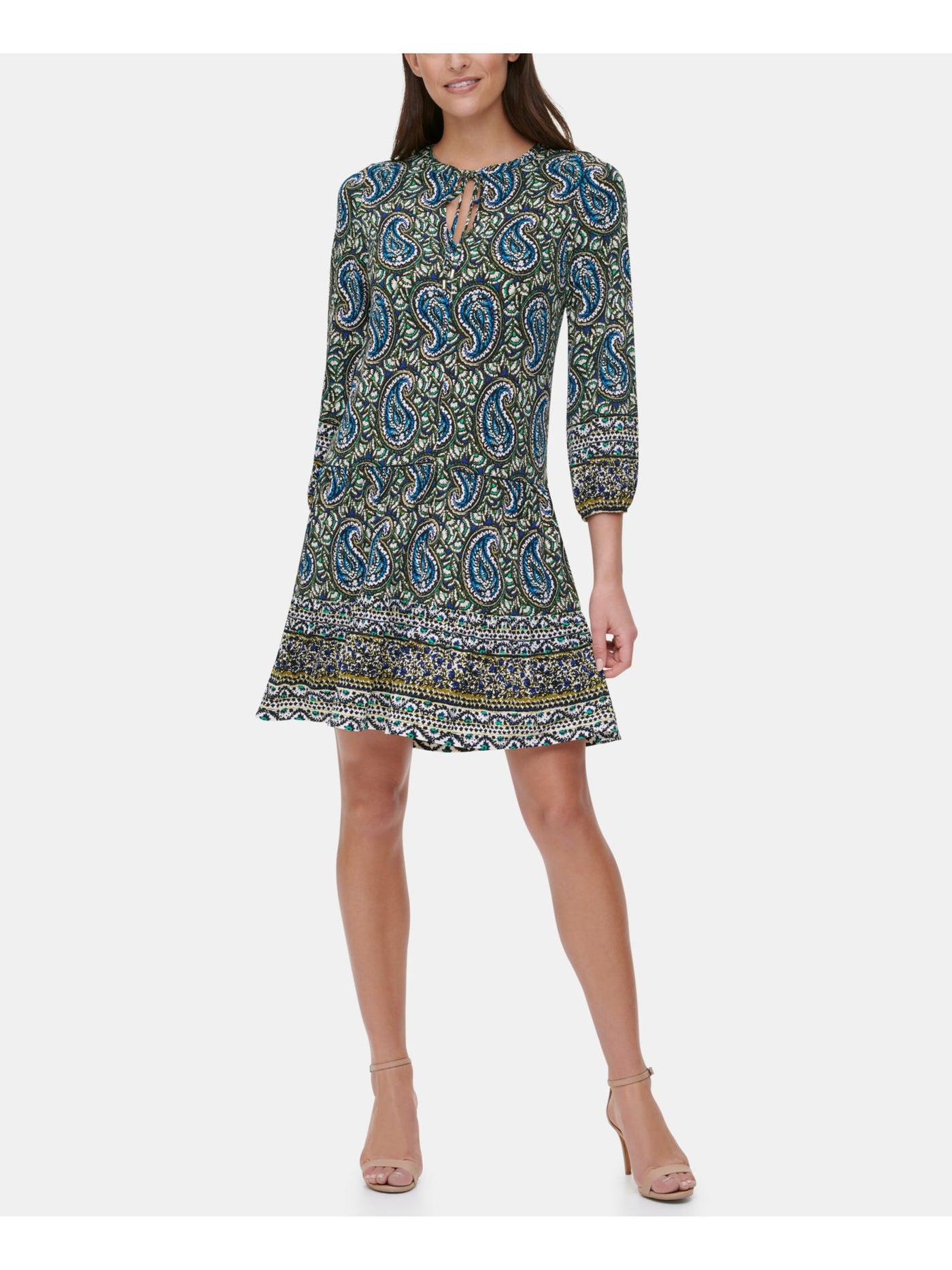 TOMMY HILFIGER Womens Green Stretch Paisley 3/4 Sleeve Tie Neck Above The Knee Wear To Work Shift Dress 10