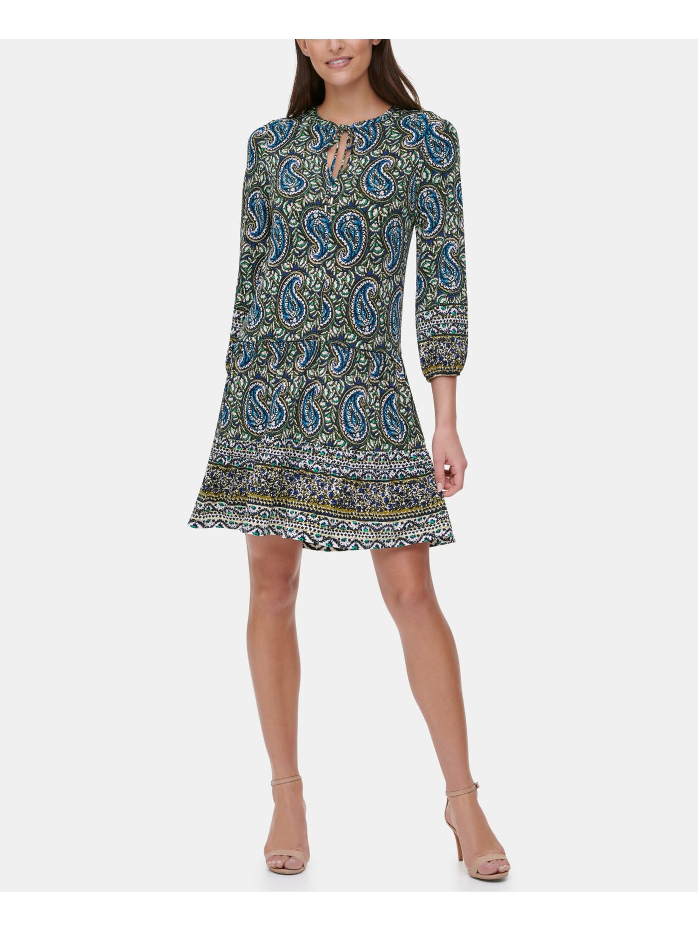TOMMY HILFIGER Womens Blue Tie Split-neck 3/4 Sleeve Above The Knee Shift Dress 4