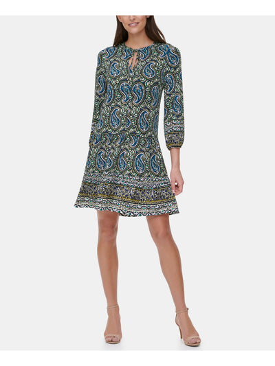 TOMMY HILFIGER Womens Blue Tie Split-neck 3/4 Sleeve Above The Knee Shift Dress 4