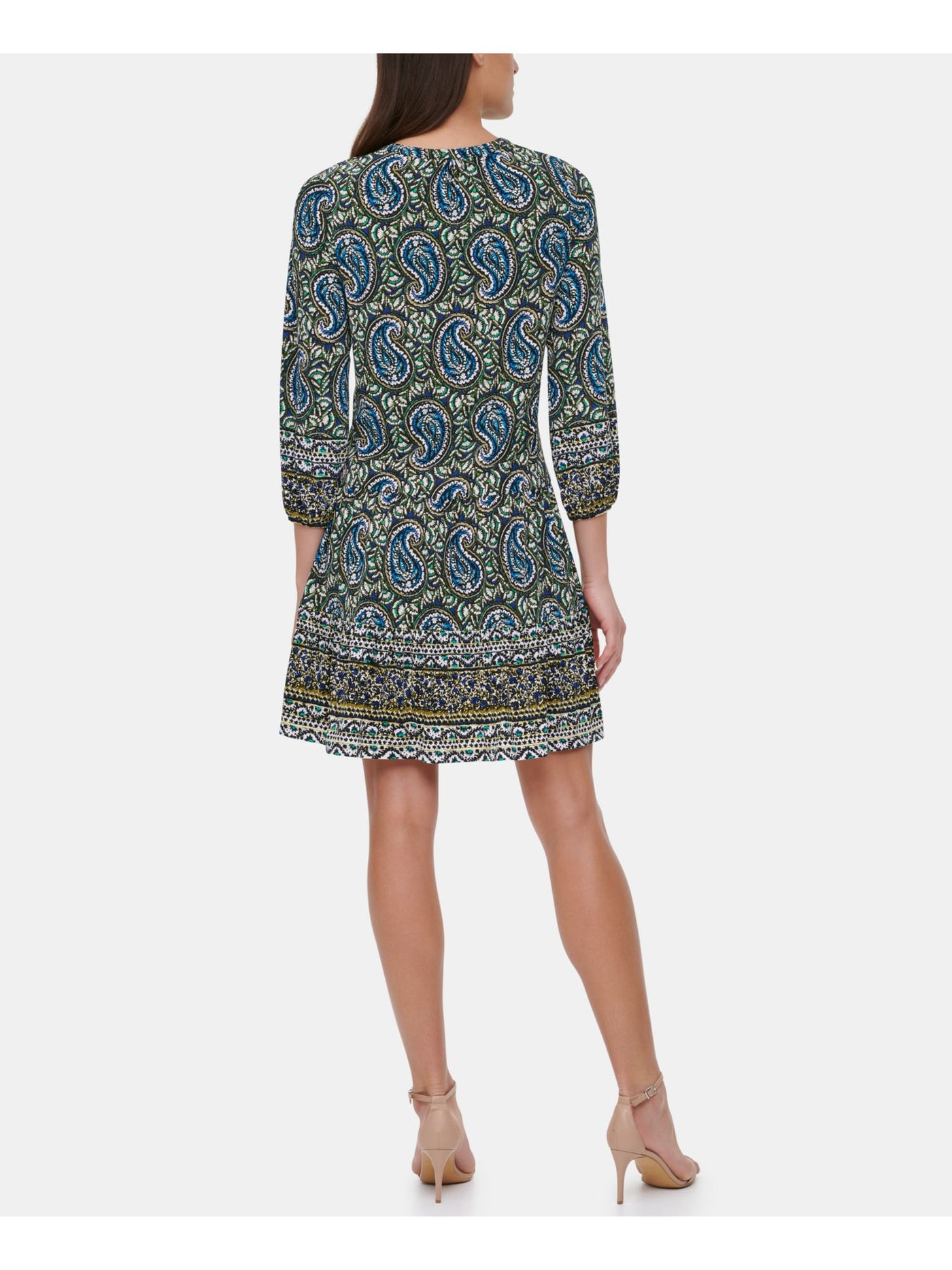 TOMMY HILFIGER Womens Blue Tie Split-neck 3/4 Sleeve Above The Knee Shift Dress 4