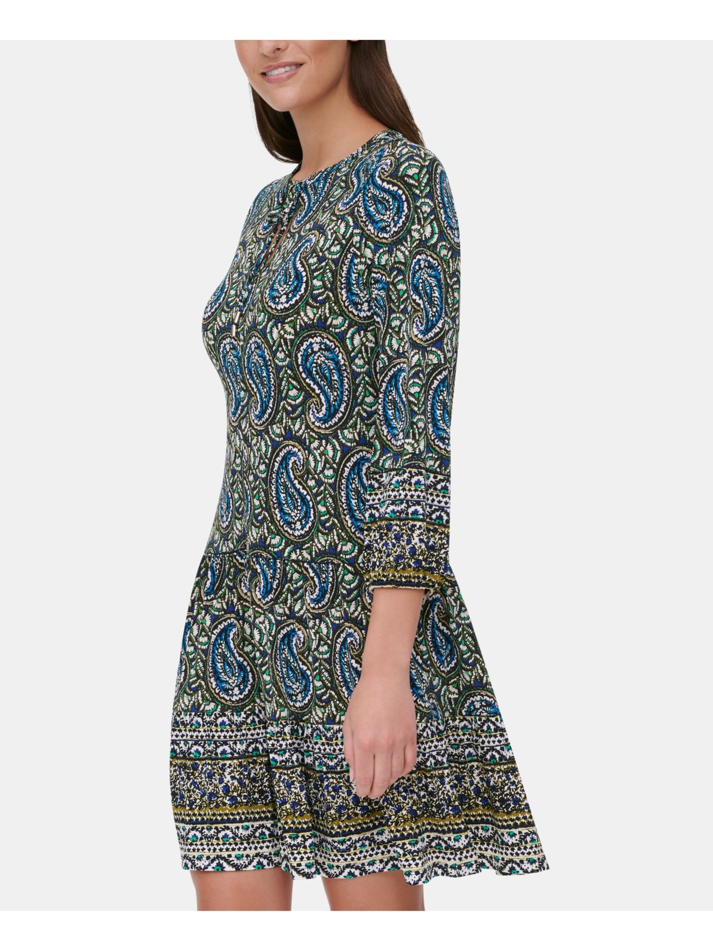 TOMMY HILFIGER Womens Green Stretch Paisley 3/4 Sleeve Tie Neck Above The Knee Wear To Work Shift Dress 10