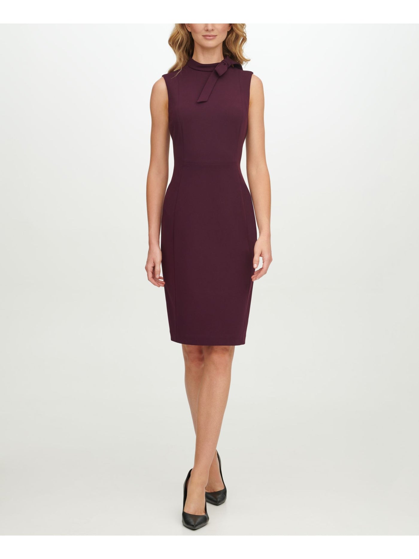 CALVIN KLEIN Womens Purple Zippered Unlined Bow Detail Sleeveless Round Neck Above The Knee Cocktail Sheath Dress 12
