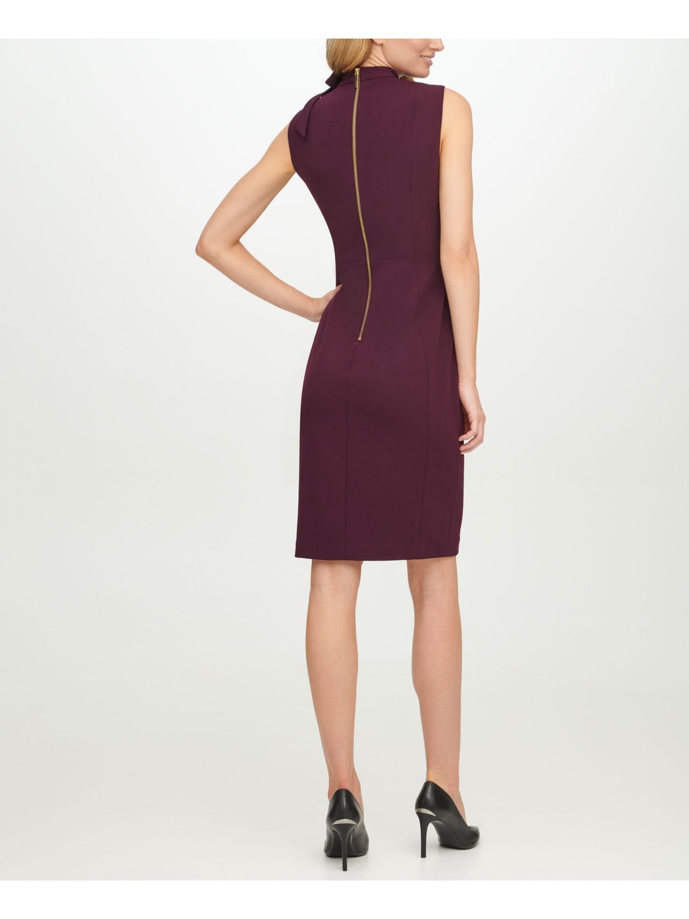 CALVIN KLEIN Womens Purple Zippered Unlined Bow Detail Sleeveless Round Neck Above The Knee Cocktail Sheath Dress 12