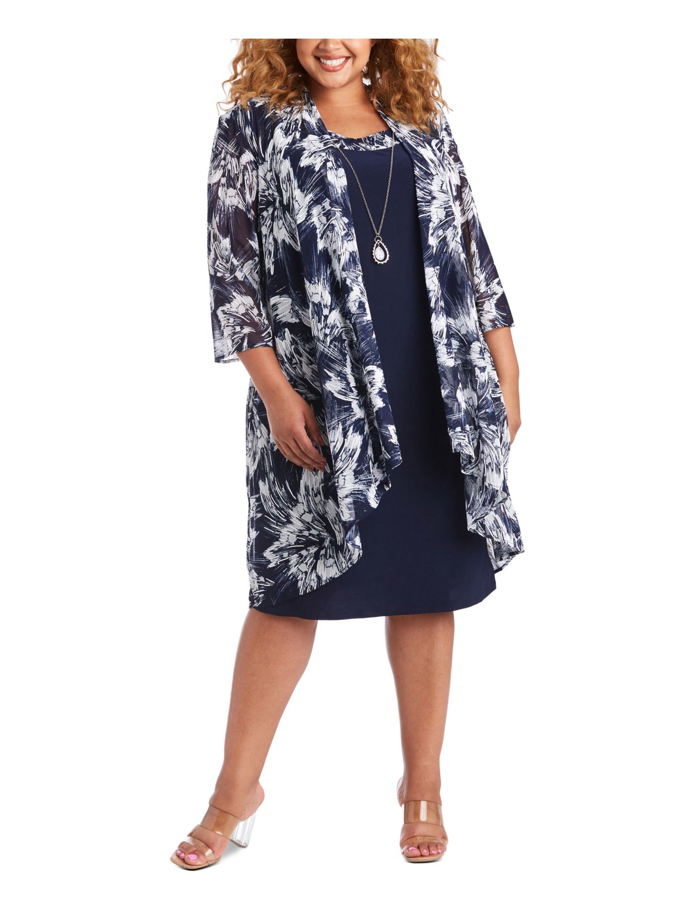 R&M RICHARDS Womens Navy Sheer Shoulder Pads Printed 3/4 Sleeve Open Front Wear To Work Waterfall Cardigan Plus 22W