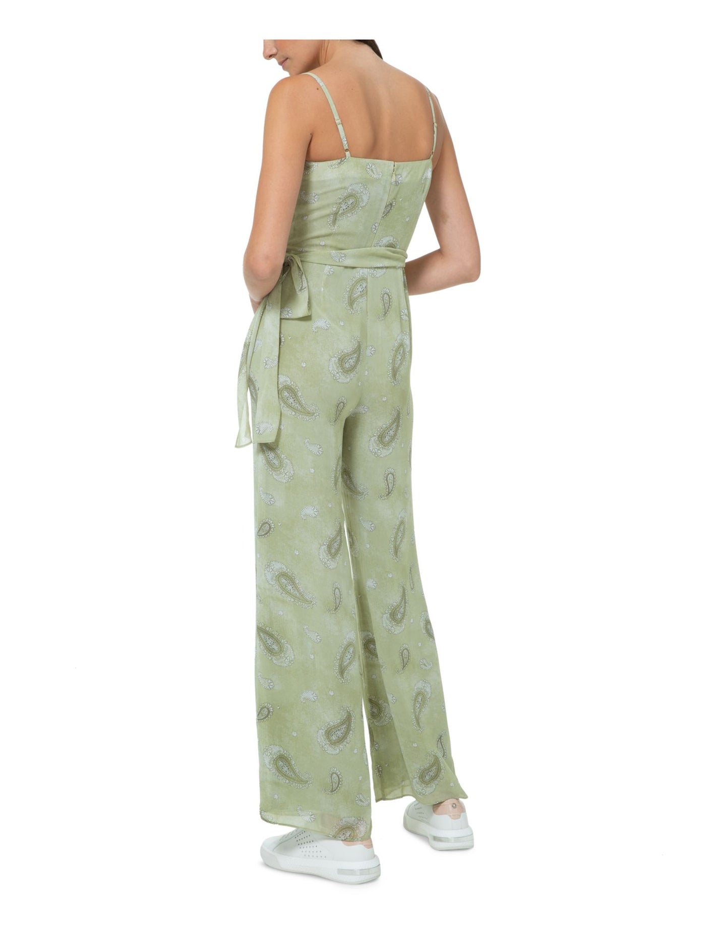 MICHAEL MICHAEL KORS Womens Green Tie Zippered Paisley Spaghetti Strap V Neck Wide Leg Jumpsuit XL