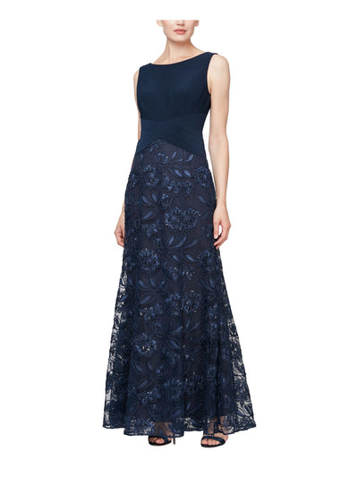 ALEX EVENINGS PETITE Womens Navy Stretch Zippered Embellished Skirt Sleeveless Boat Neck Full-Length Formal Gown Dress Petites 6P