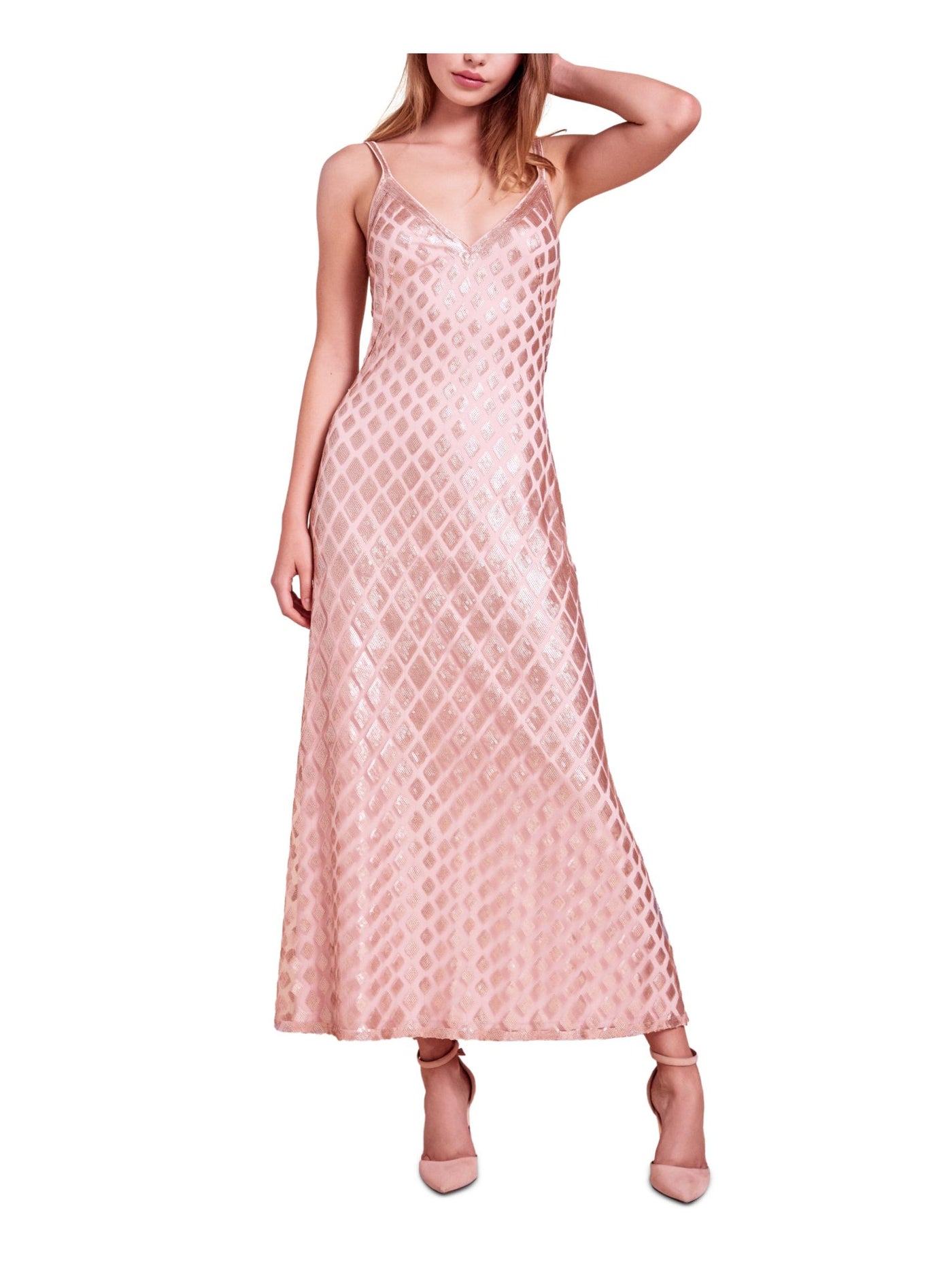 Sho Womens Pink Sequined Geometric Spaghetti Strap V Neck Maxi Party Dress 2