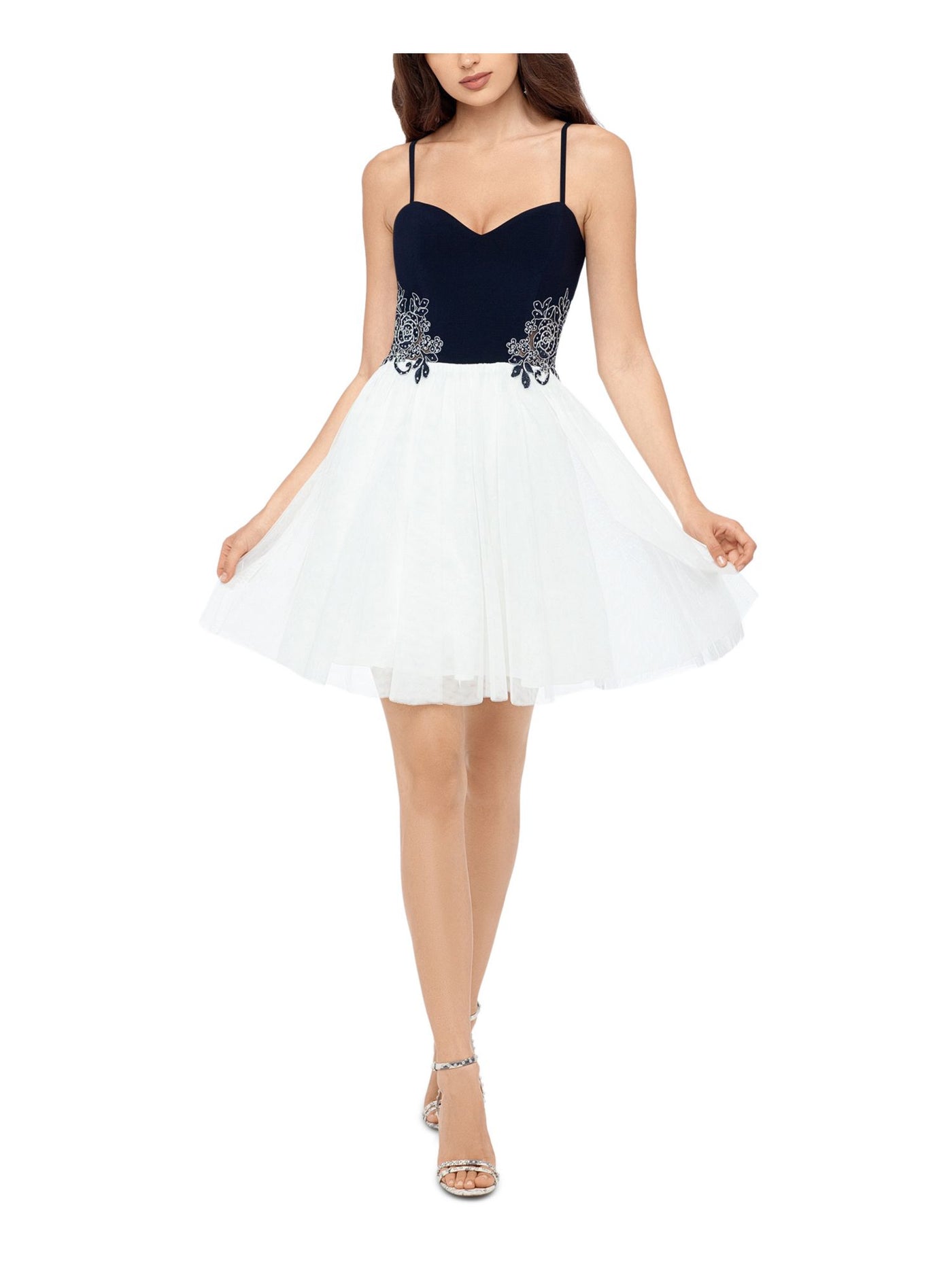 BLONDIE Womens White Embellished Sheer Spaghetti Strap Mini Formal Fit + Flare Dress Juniors 9