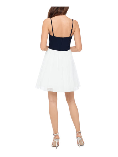 BLONDIE Womens White Embellished Sheer Spaghetti Strap Mini Formal Fit + Flare Dress Juniors 9