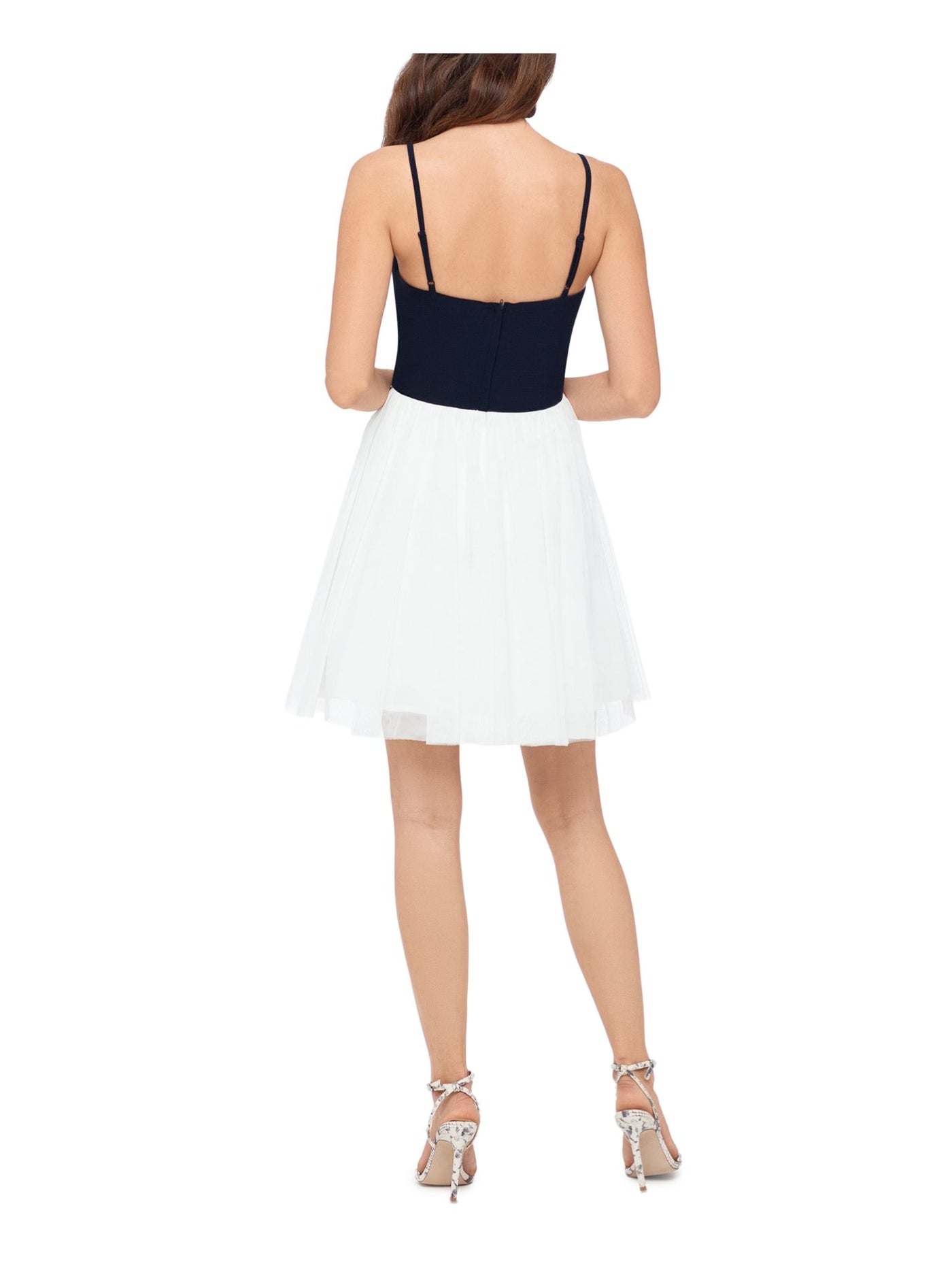 BLONDIE NITES Womens White Embellished Sheer Spaghetti Strap Mini Formal Fit + Flare Dress Juniors 1