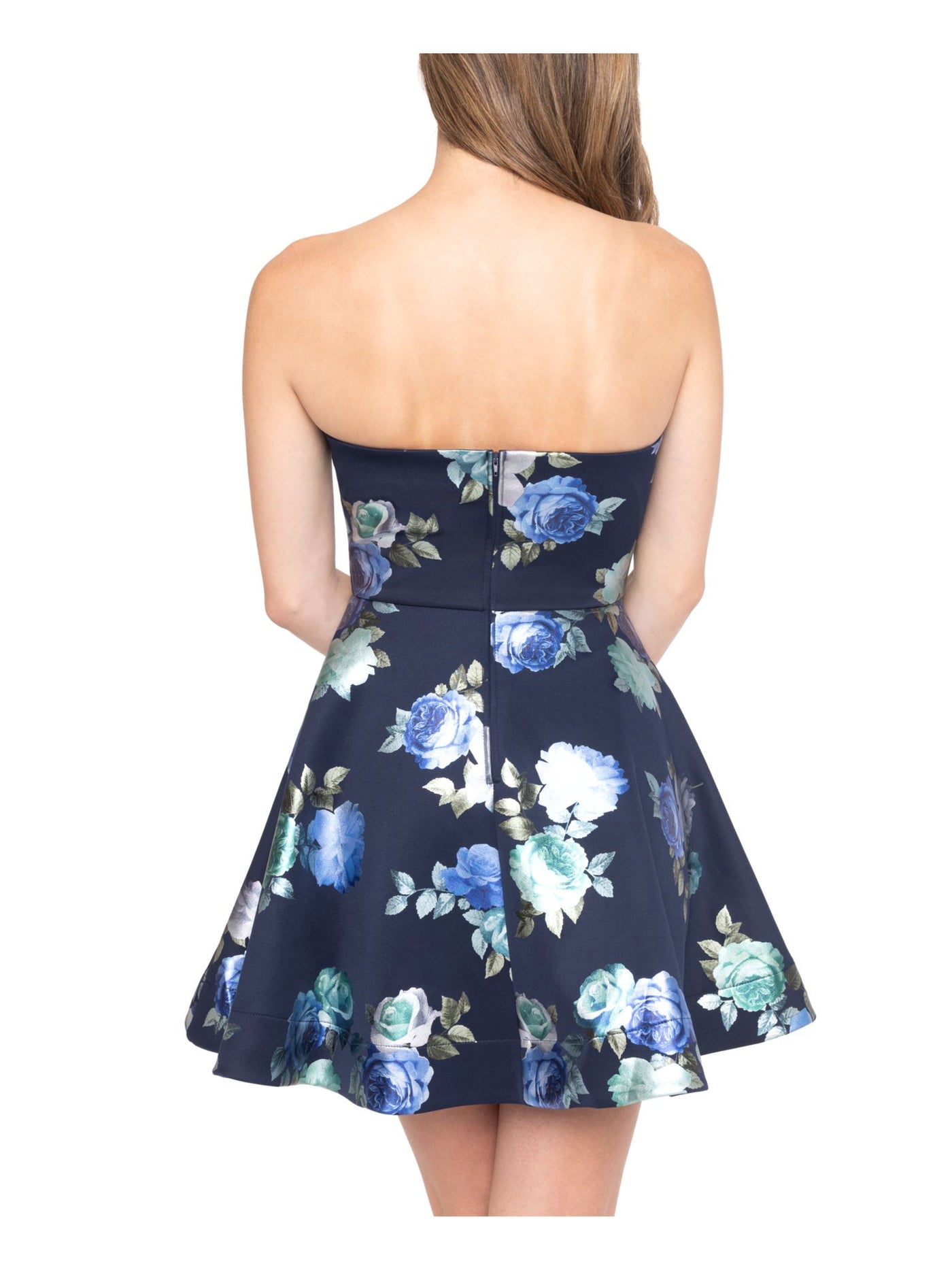 B DARLIN Womens Navy Ruffled Zippered Floral Strapless Mini Party Fit + Flare Dress 7\8