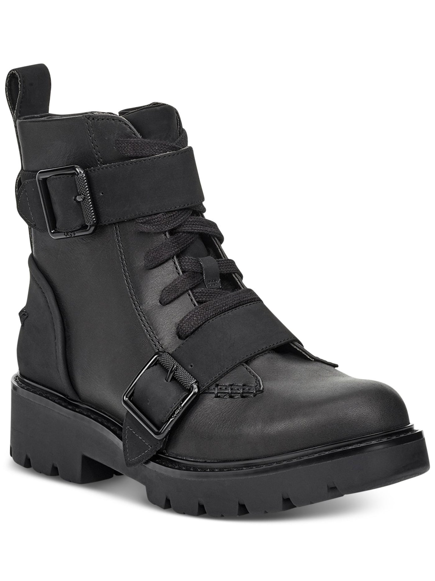 UGG Womens Black 1" Platform Lace Up Buckle Straps Heel Pull-Tabs Lug Sole Padded Noe Round Toe Zip-Up Combat Boots 7.5