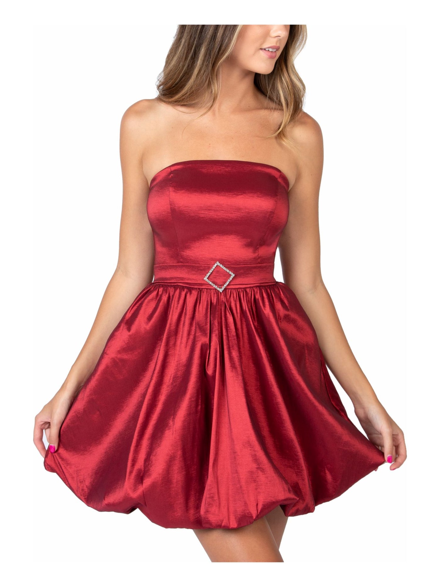 B DARLIN Womens Red Embellished Zippered Sleeveless Strapless Short Prom Fit + Flare Dress Juniors 5\6
