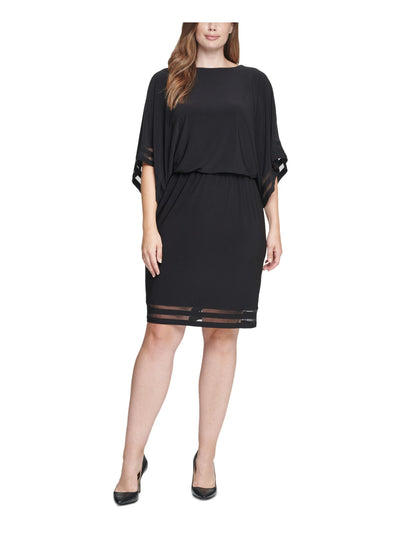 JESSICA HOWARD Womens Black Elbow Sleeve Round Neck Knee Length Cocktail Blouson Dress Plus 22W