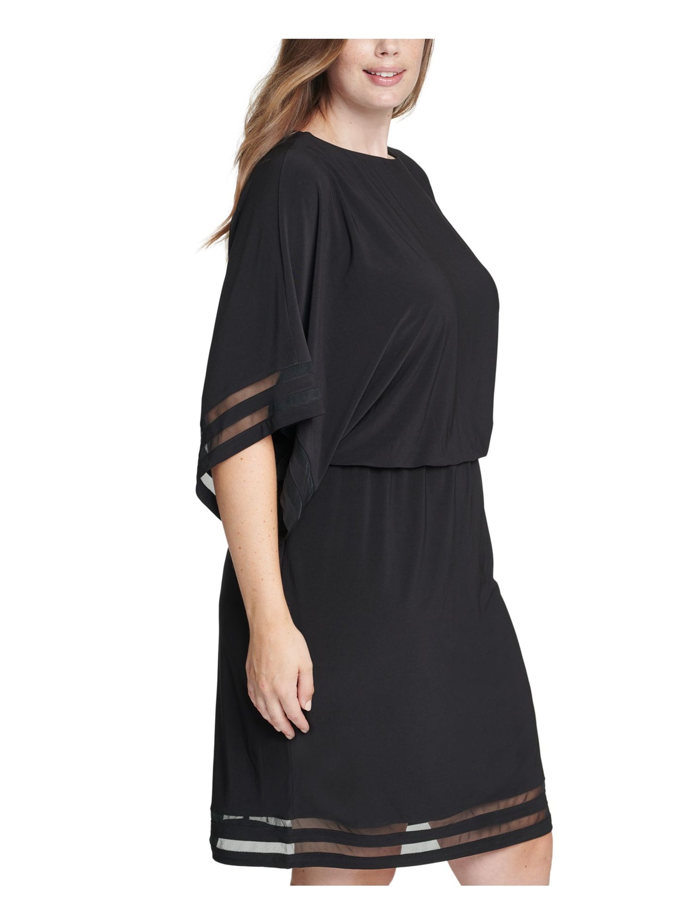 JESSICA HOWARD Womens Black Elbow Sleeve Round Neck Knee Length Cocktail Blouson Dress Plus 18W